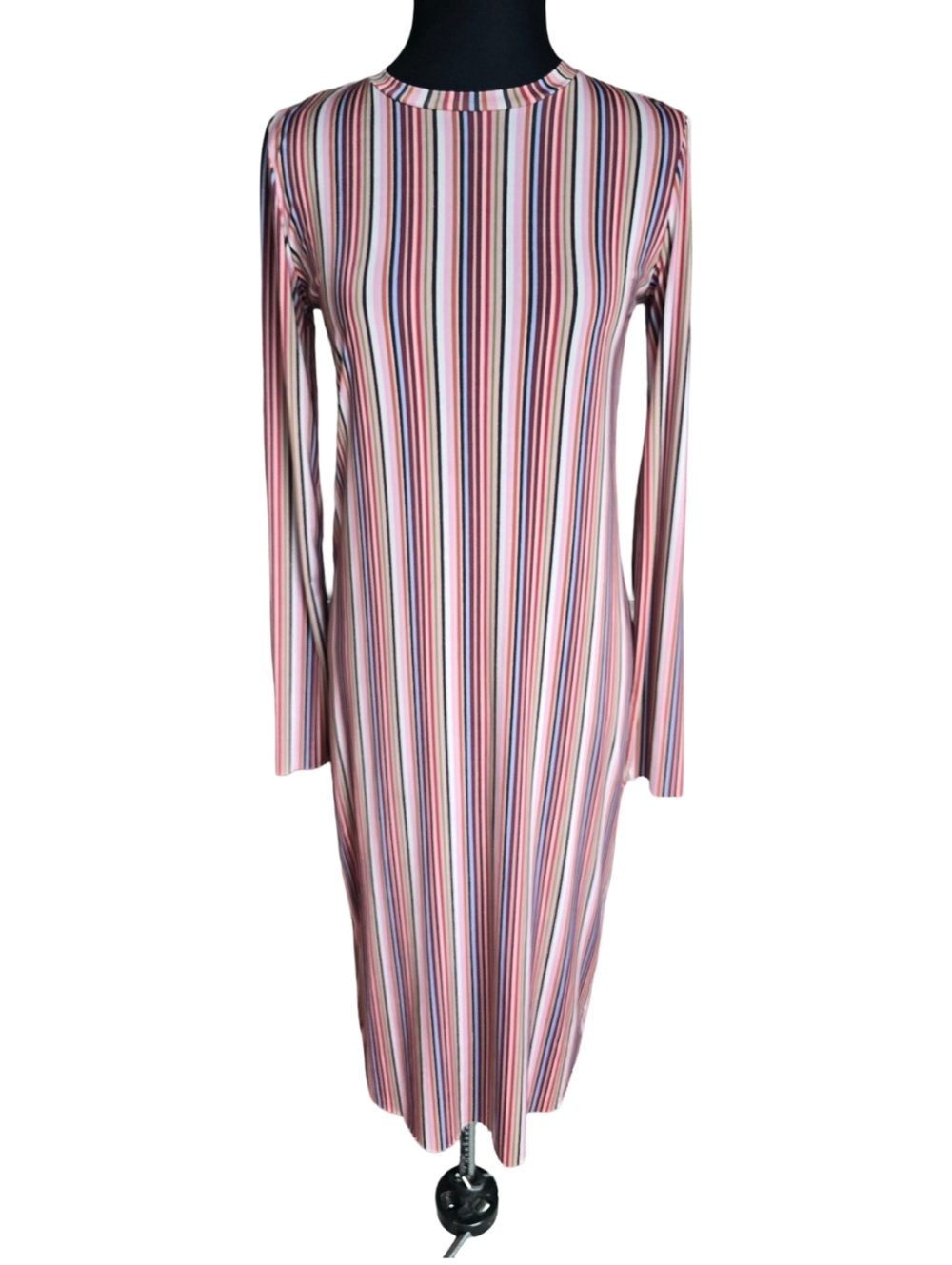 Zara Pink Multi-Stripe Long Sleeve Midi Dress Size S Casual Comfortable